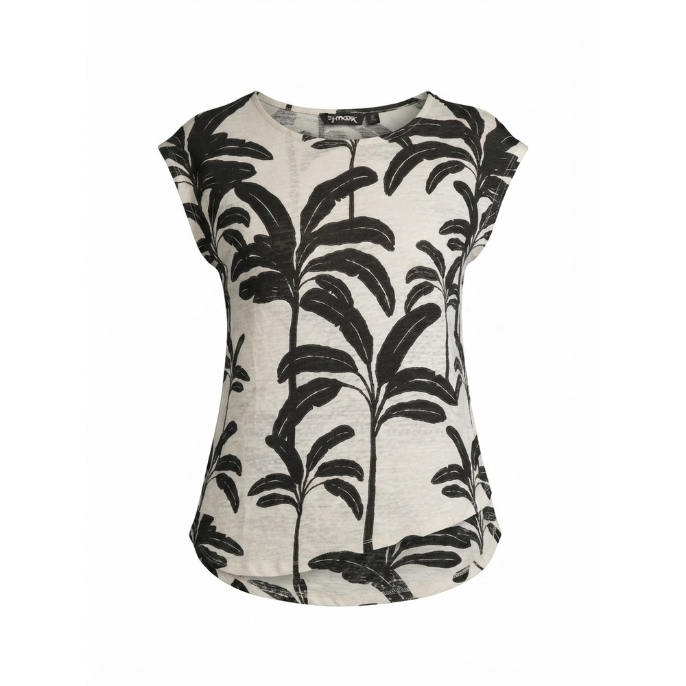 Tahari Womens Medium Black White Tropical Leaf Print 100% Linen Blouse Top